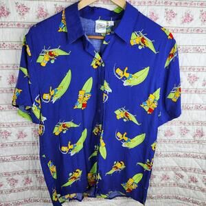The Simpsons Bart Simpson Surfing Graphic Print Button Up Shirt MD